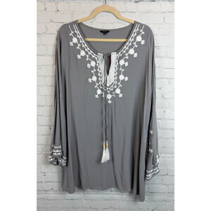FLORYDAY gray white embroidered bell sleeve peasant boho blouse tunic size XXL